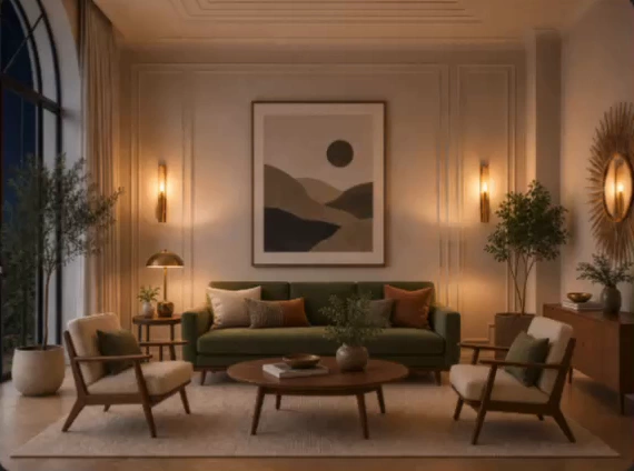 Warm interior design with a green sofa and wood furniture