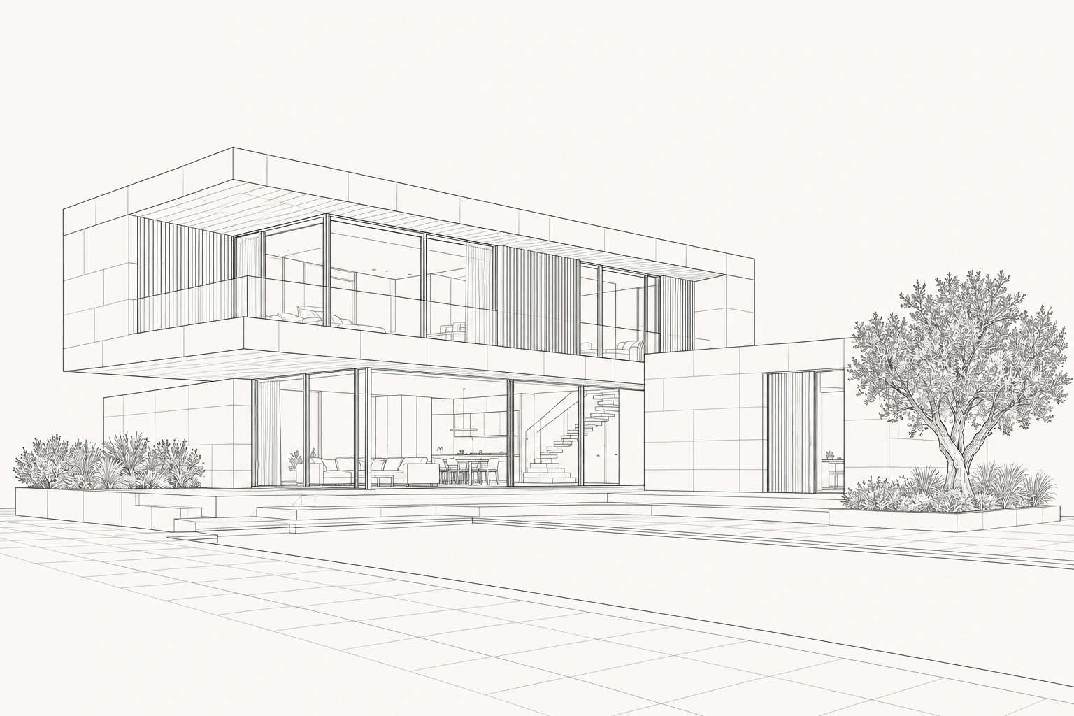 Wireframe view of a two-storey courtyard house with cantilevered stone volumes and a pool.